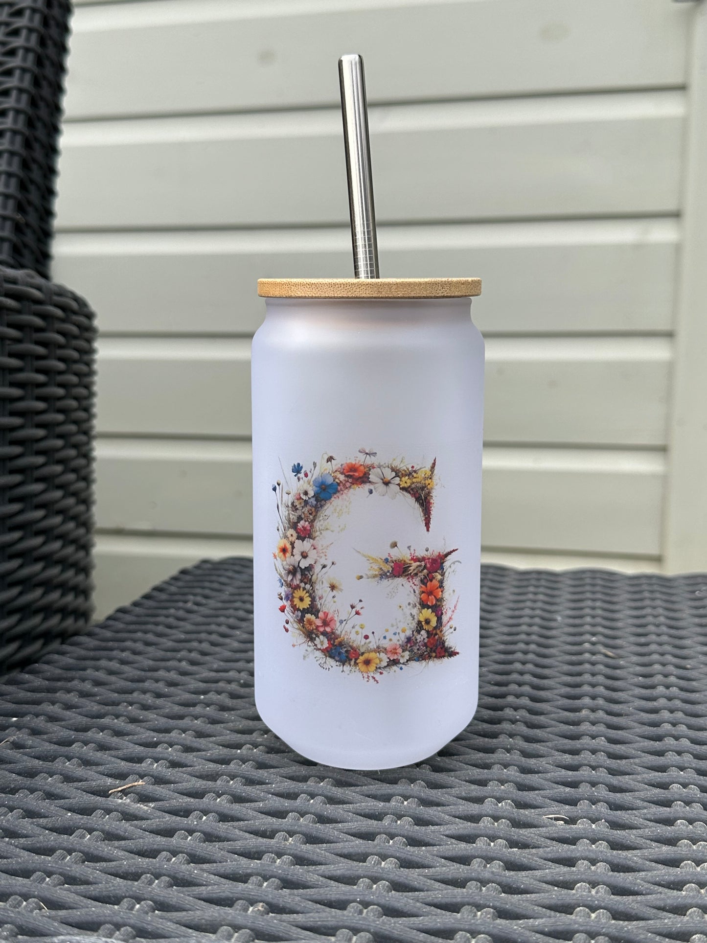 Frosted glass beaker with floral initial by The House of Rookery
