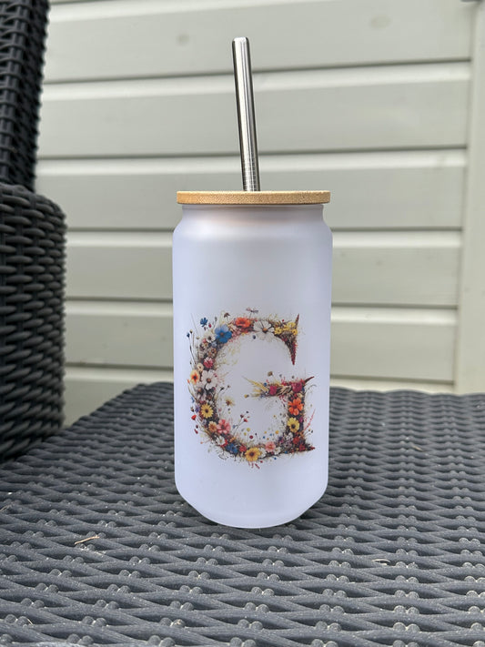 Frosted glass beaker with floral initial by The House of Rookery