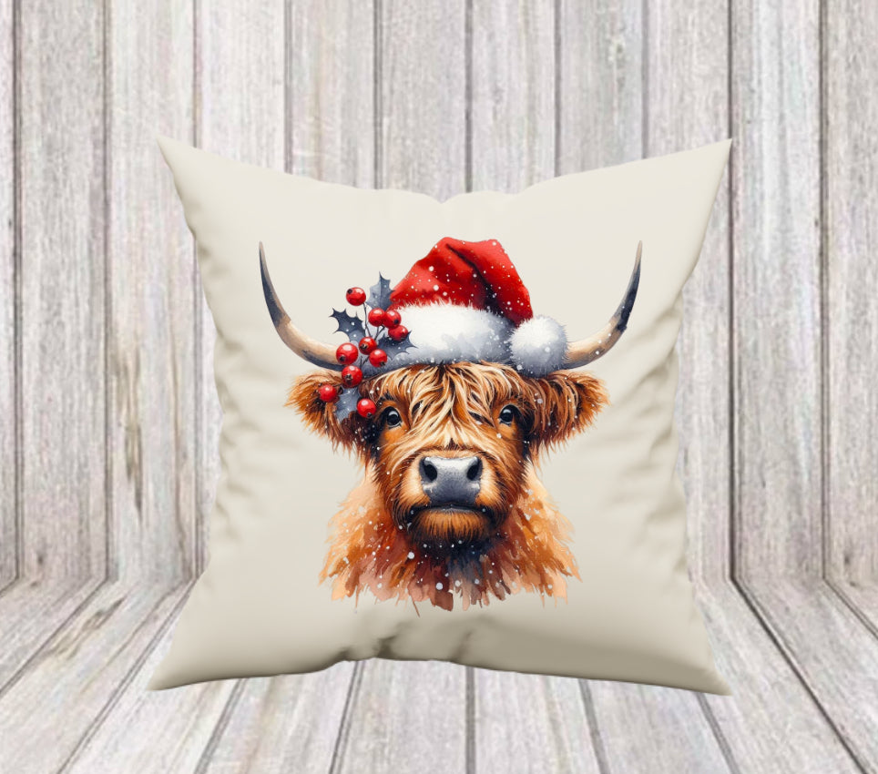 Highland cow with Santa hat, cushion cover