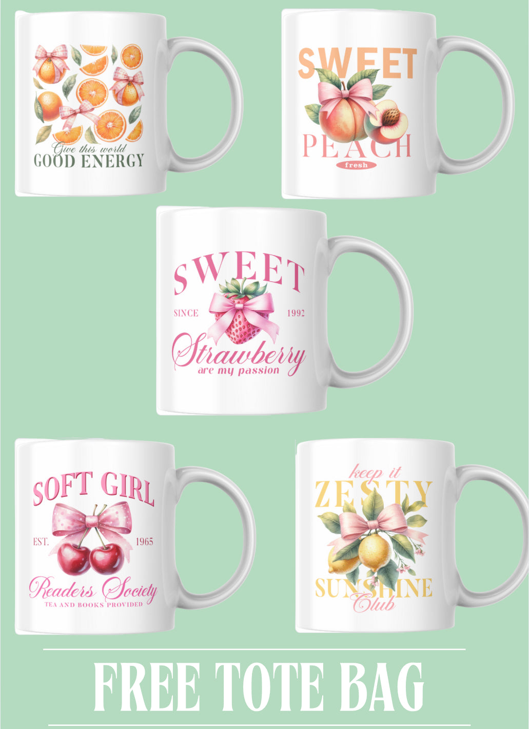 Fruit collection mugs, add a matching tote bag to your basket for free