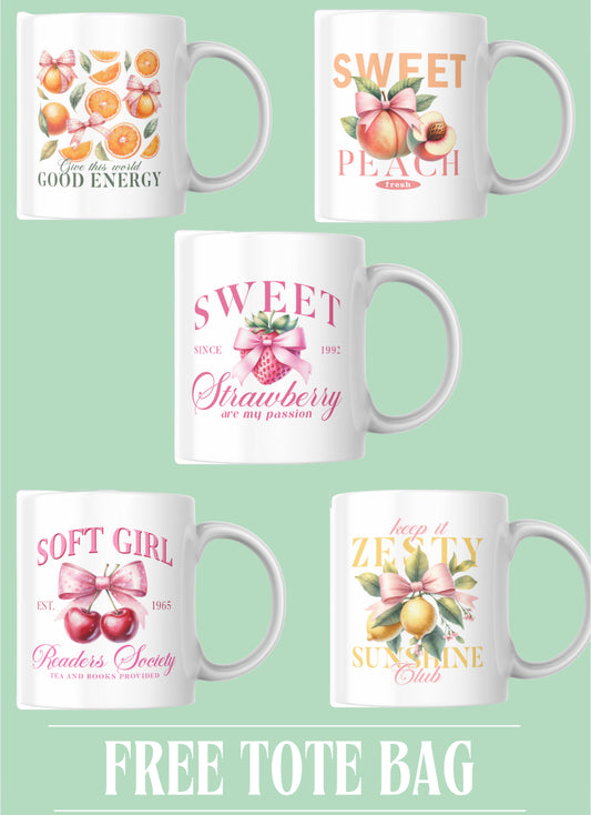Fruit collection mugs, add a matching tote bag to your basket for free