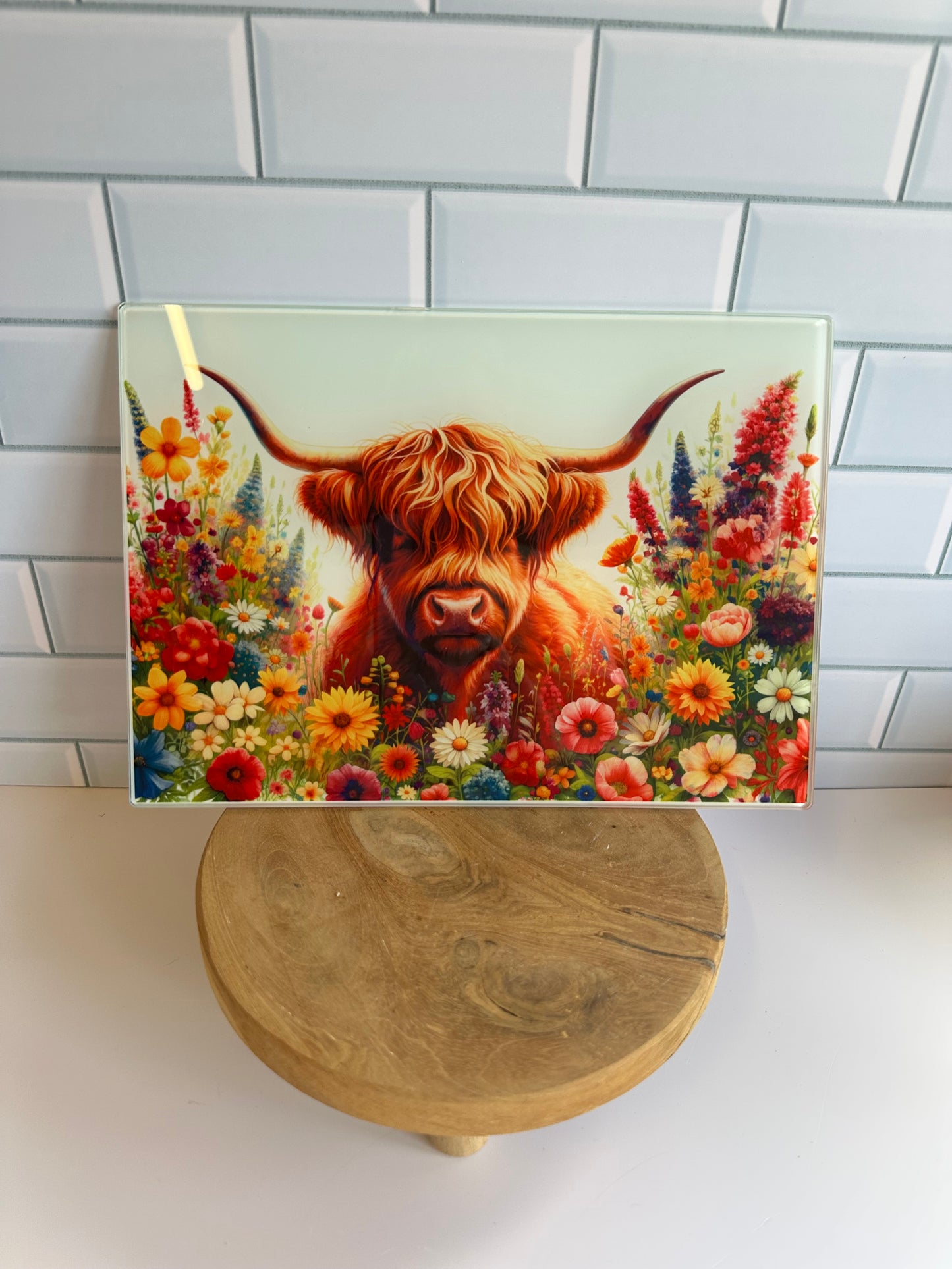 Highland cow design A4 glass chopping board