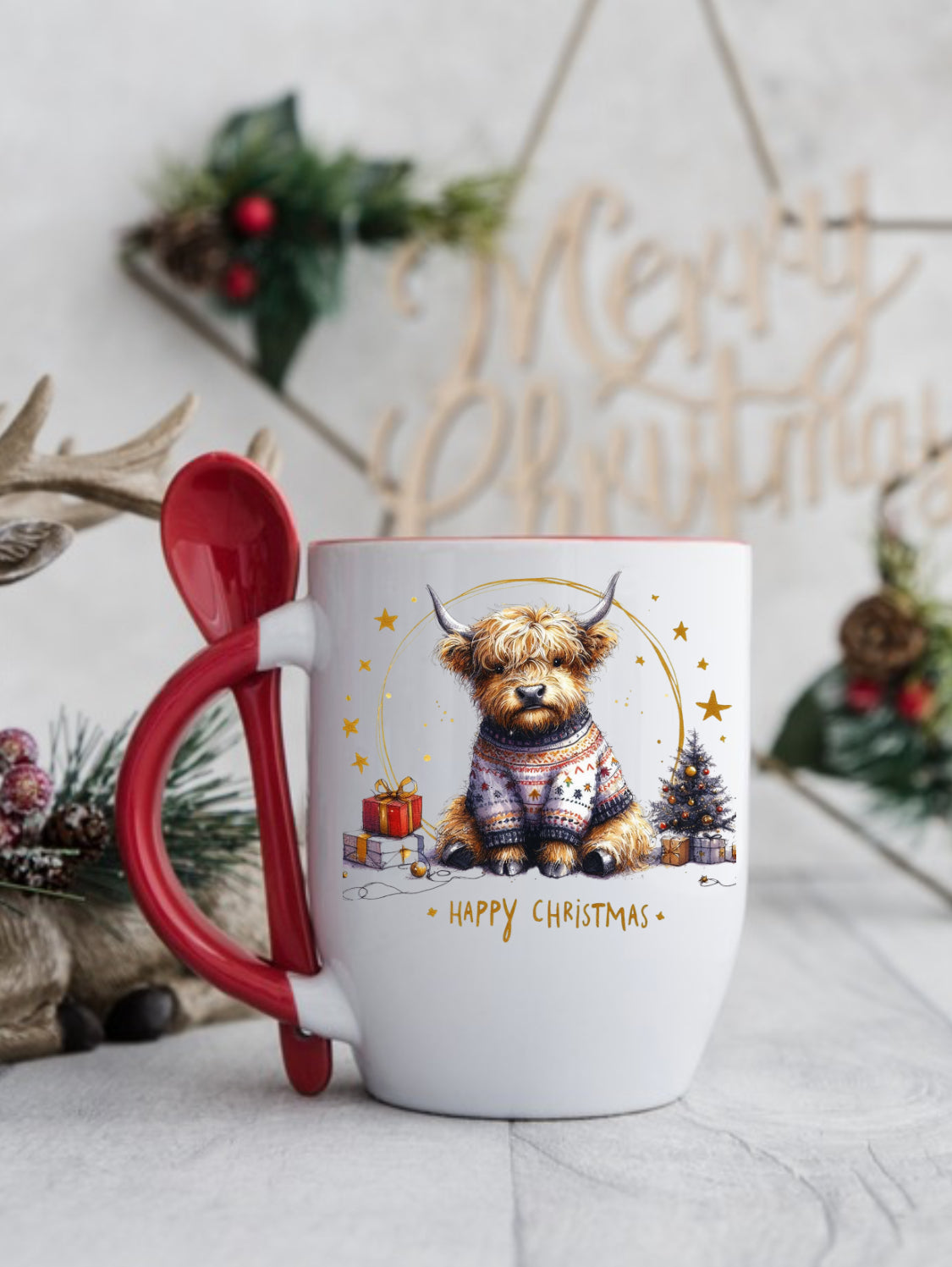 Gorgeous hot chocolate mug with red inner, handle and spoon. Gorgeous Highland cow design by The House of Rookery, perfect for hot chocolate