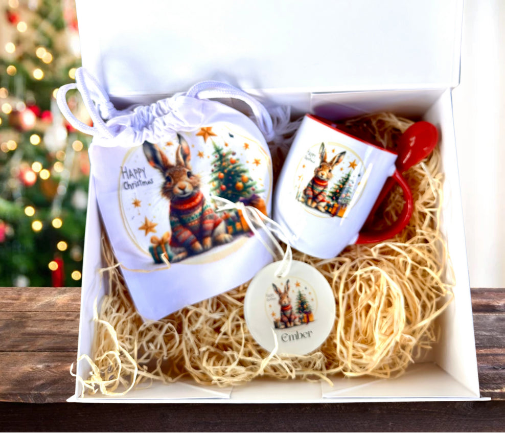 Christmas box with treat bag , decoration and mug with spoon. Pre order now, despatch from 1st September