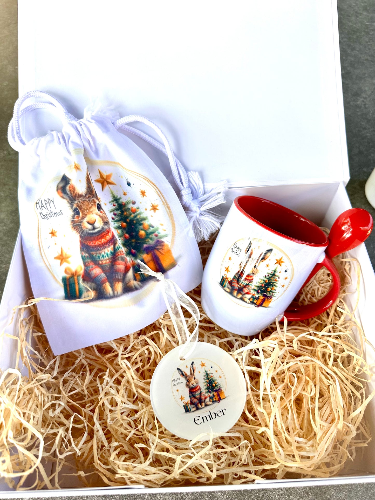 Christmas box with treat bag , decoration and mug with spoon. Pre order now, despatch from 1st September