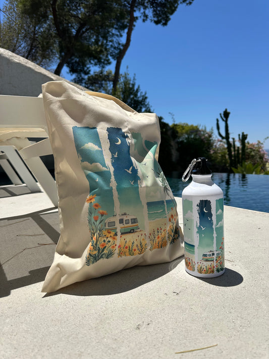 Perfect beach combo, tote bag and water bottle. Lovely beach design with camper and palm trees