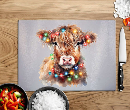 Festive highland cow, A4 glass chopping board