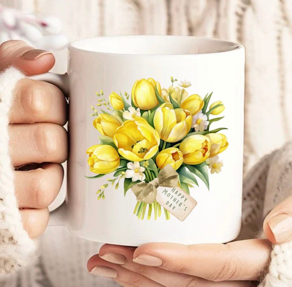 Mother’s Day card, yellow tulip bouquet with Happy Mothers Day tag
