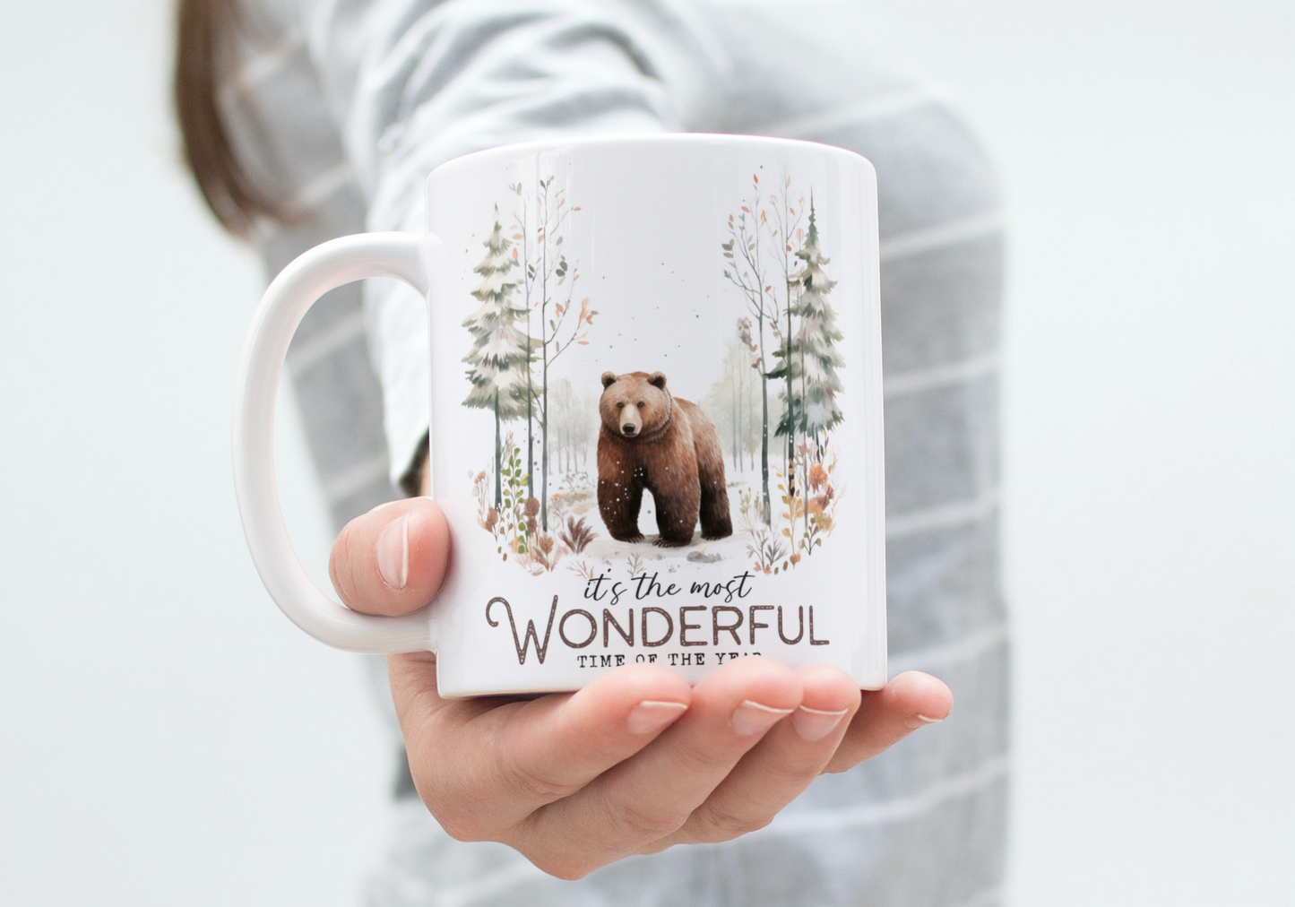 It’s the most wonderful time of the year mug, bear in the woods, tea, coffee and hot chocolate lover